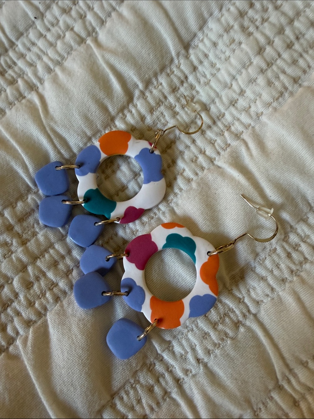 Colorful Floral Clay Hoop Drop Earrings - Purple, Orange, Teal